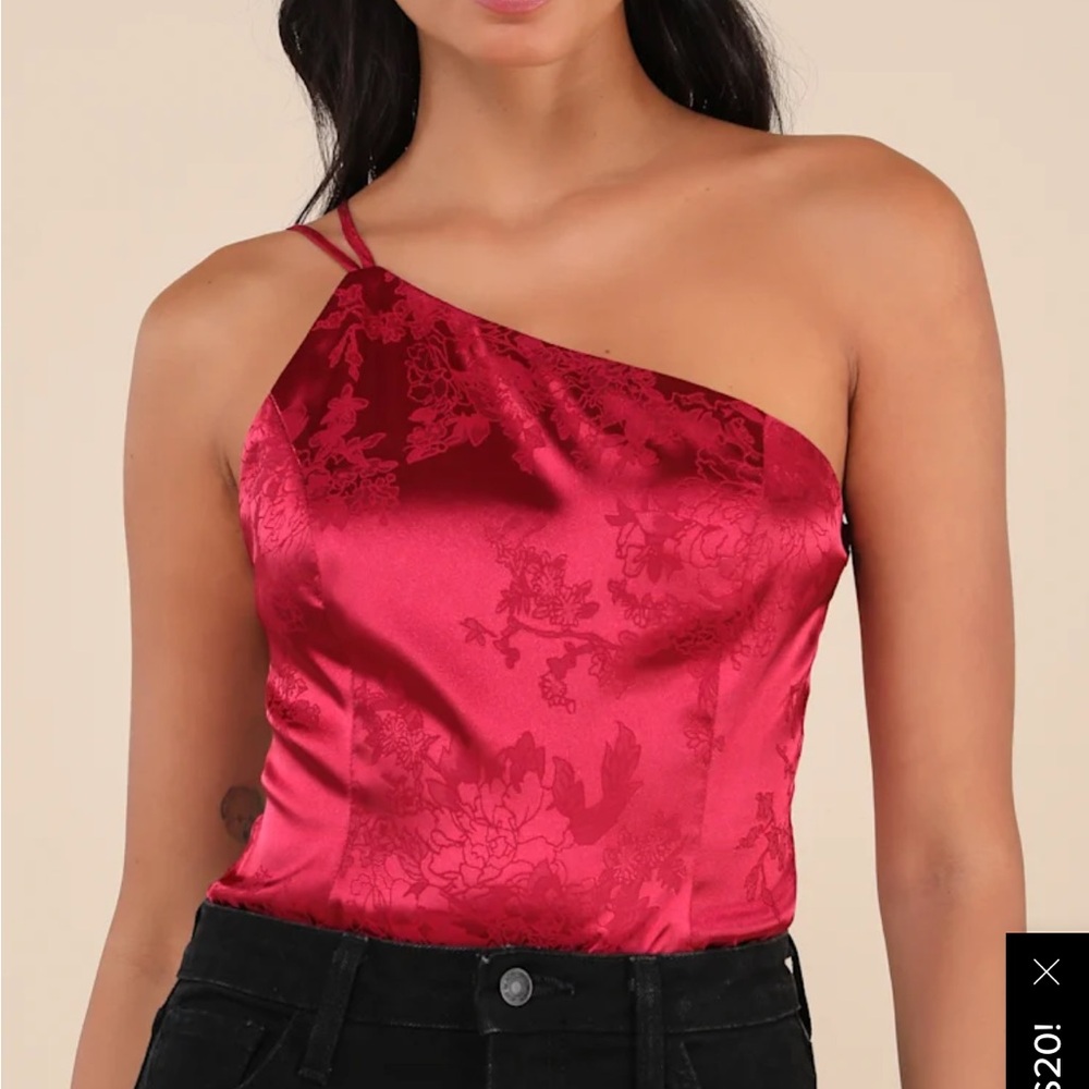 Lulus Desirable Dream Wine Red Satin Jacquard One-Shoulder Bodysuit